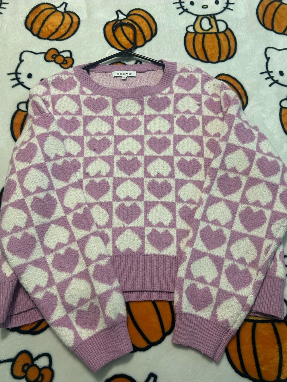 Hooked Up by IOT Pink Heart-Pattern Crewneck Sweater